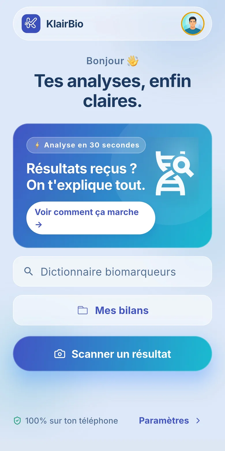 Écran d'accueil de KlairBio, avec le bouton pour scanner un résultat d'analyse