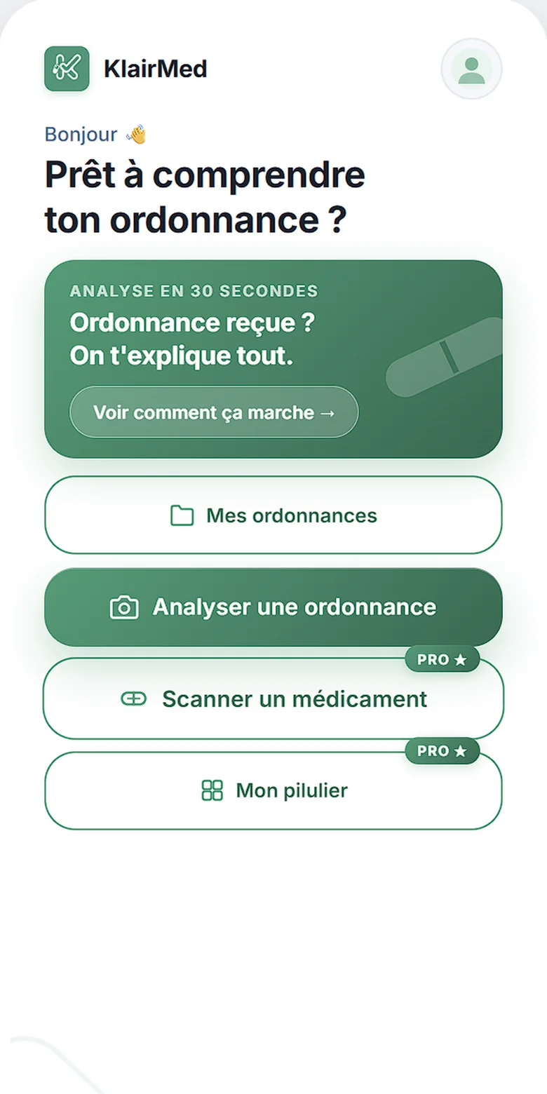 Écran d'accueil de KlairMed, avec le bouton pour analyser une ordonnance