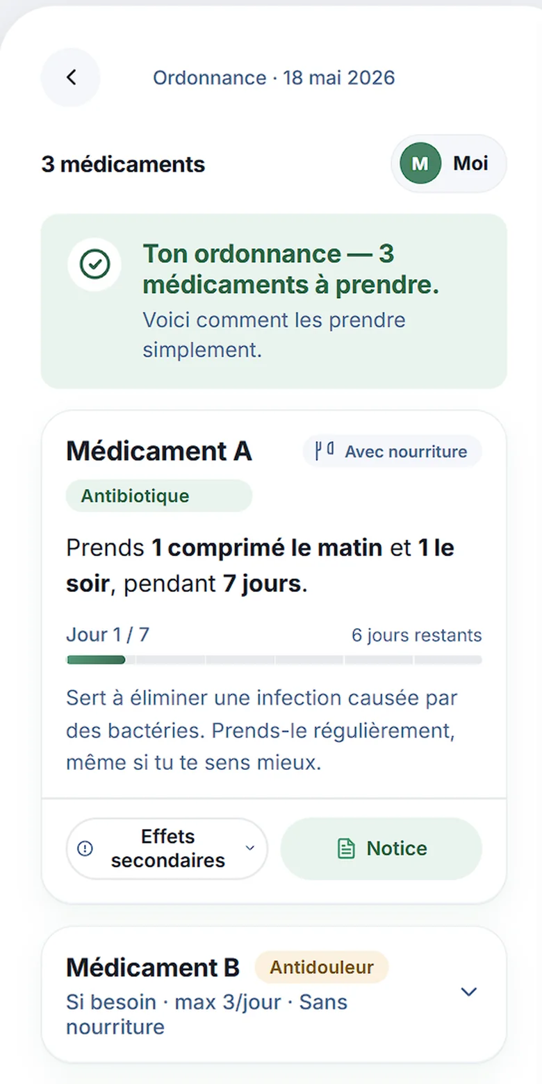 Écran d'ordonnance de KlairMed, chaque médicament expliqué avec sa posologie