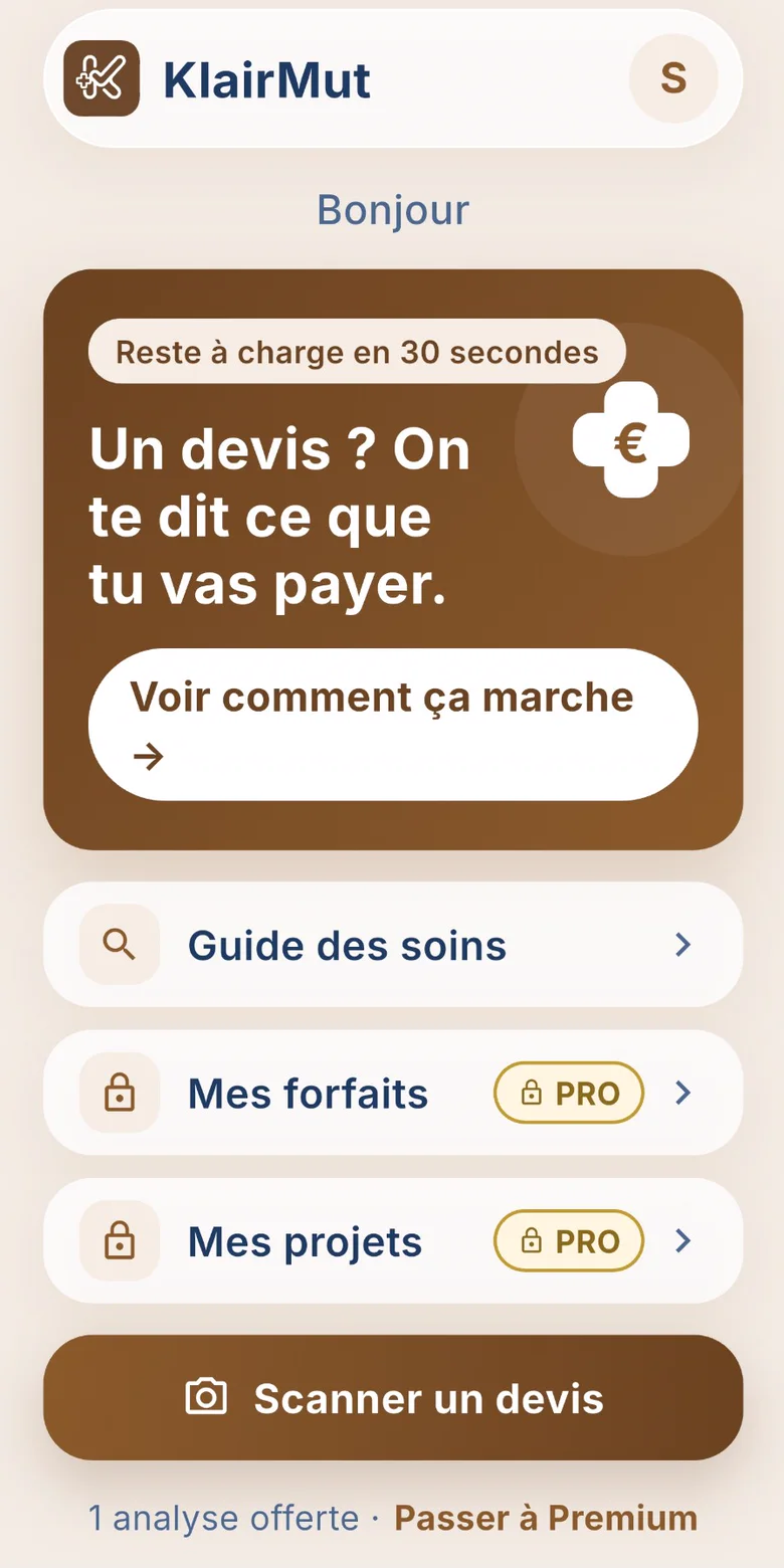 Écran d'accueil de KlairMut, avec le bouton pour scanner un devis